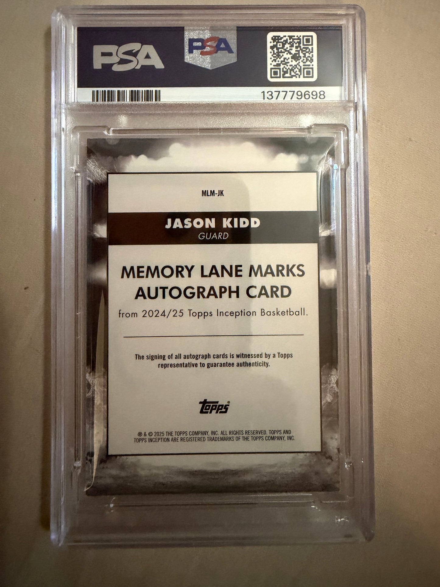 2024-25 Topps Inception #MLM-JK Jason Kidd 21/99 Memory Lanes Marks Pink PSA 7 Autographed (AU) Dallas Maverick Card