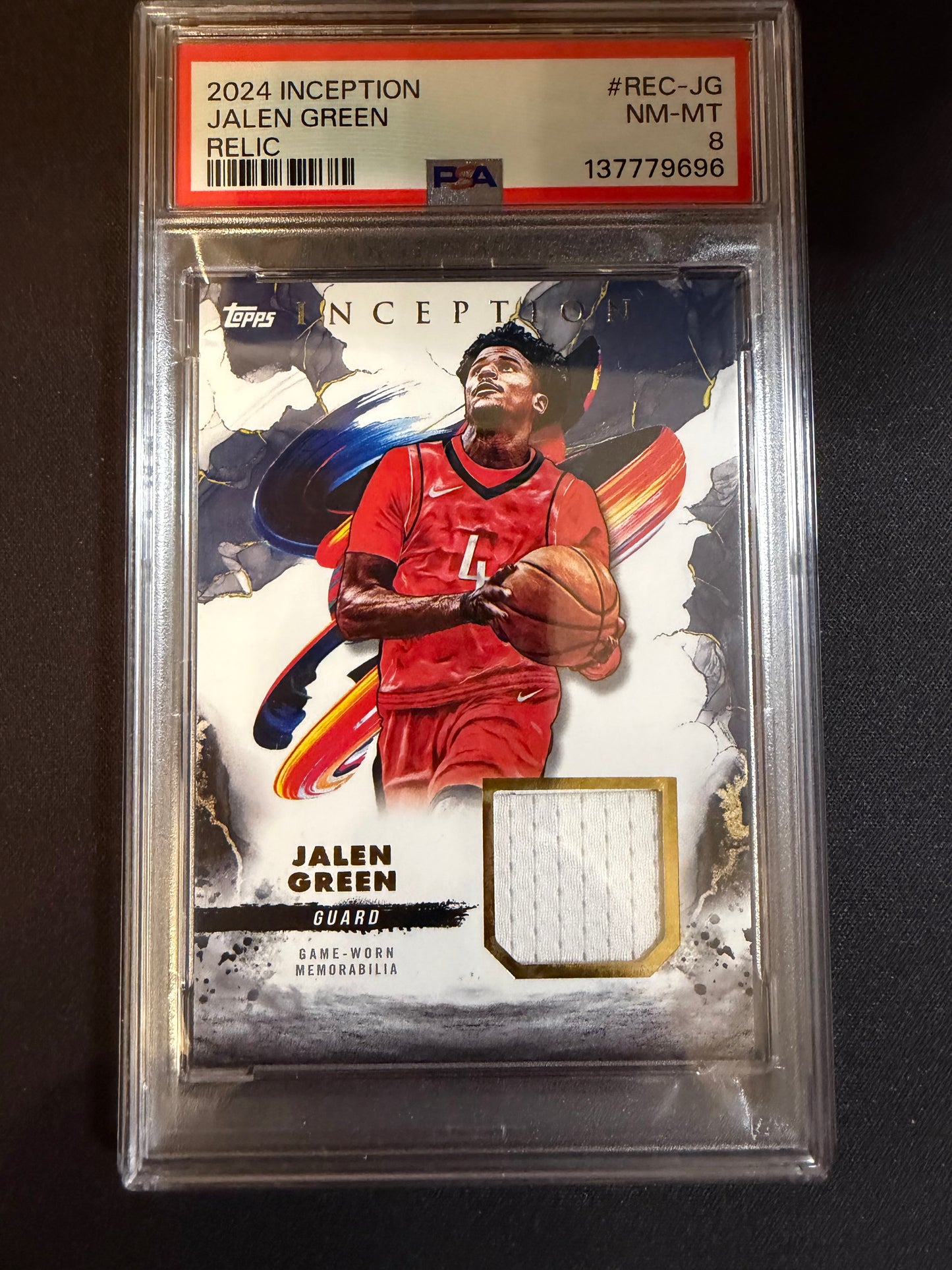 2024-25 Topps Inception #REC-JG Jalen Green PSA 8 Cert #137779696 Relic Near Mint Mint Houston Rockets Card