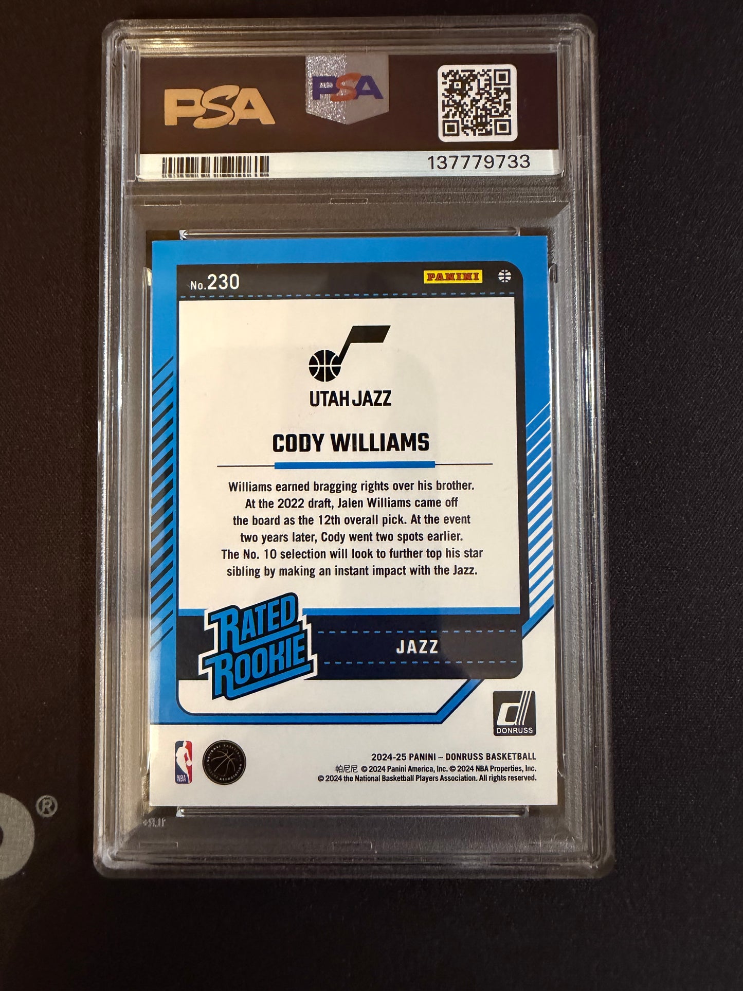 2024 Donruss #230 Cody Williams Wedges PSA 8.5 Near Mint+ Utah Jazz Rookie (RC) Card