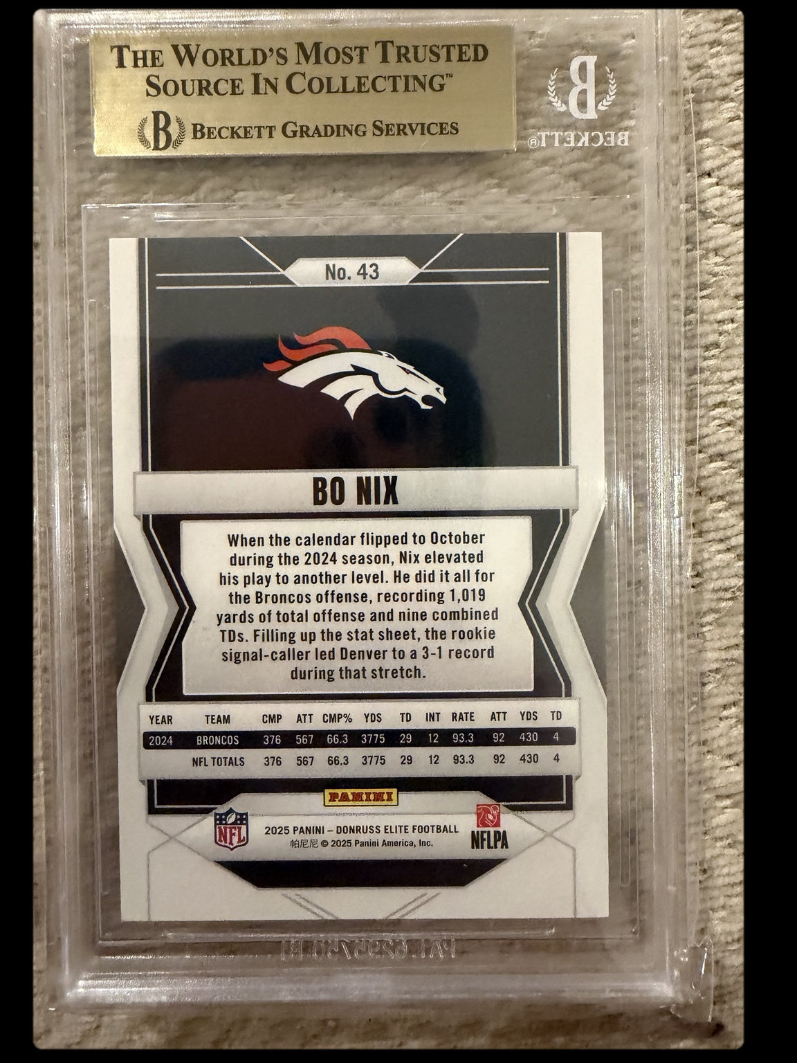 2025 Elite Orange #43 Bo Nix 32/199 BGS 9.5 back