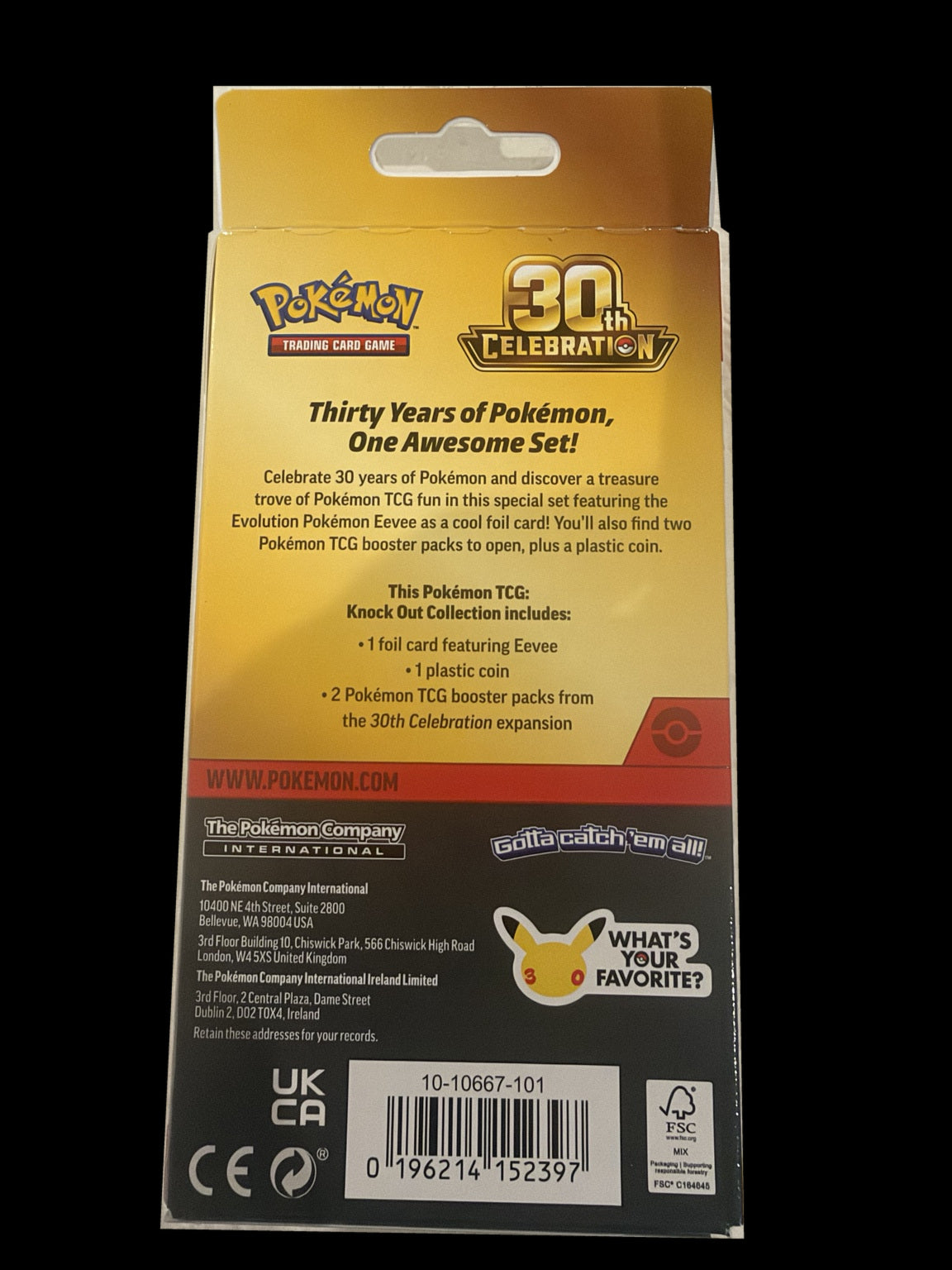 Pokémon TCG 30th Celebration Eevee Knock Out Collection sealed box back and contents