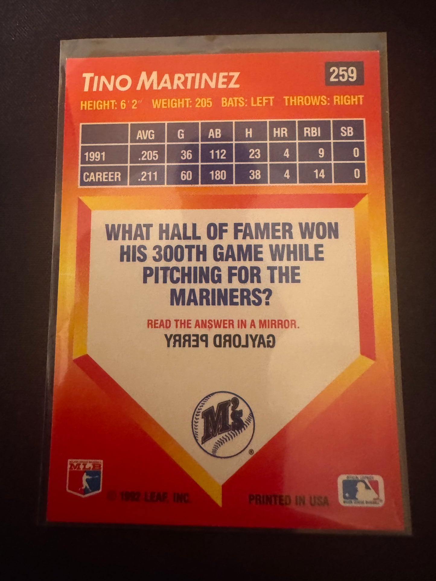 1992 Donruss Triple Play #259 Tino Martinez Card