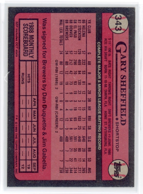 Tarjeta RC Gary Sheffield FS Topps n.° 343 de 1989