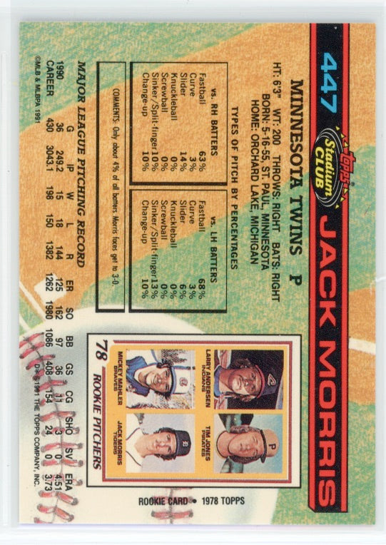 Tarjeta de Jack Morris n.° 447 del Topps Stadium Club de 1991