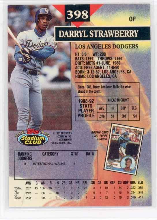 1993 Topps Stadium Club #398 Darryl Strawberry Card
