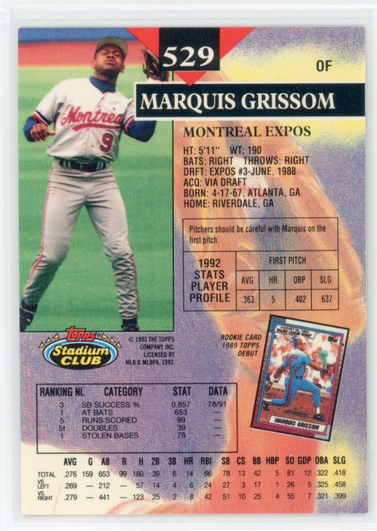 Tarjeta Marquis Grissom n.° 529 del Topps Stadium Club de 1993