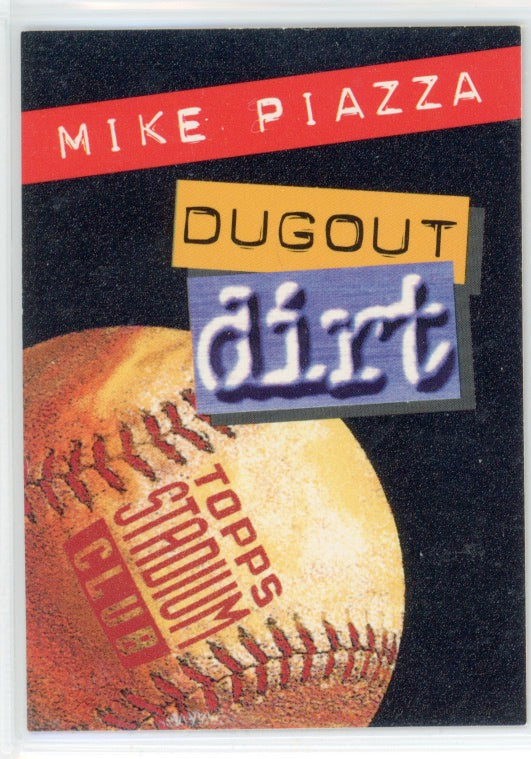 Tarjeta informativa de Mike Piazza Dogout Dirt del Topps Stadium Club de 1994