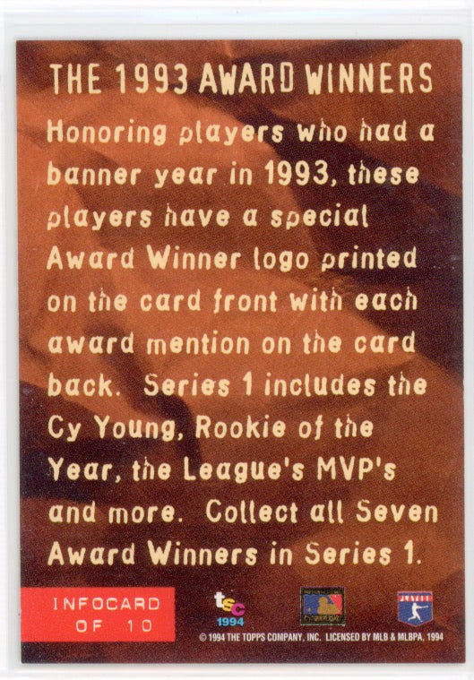 Tarjeta de ganadores del premio Topps Stadium Club 93 de 1994