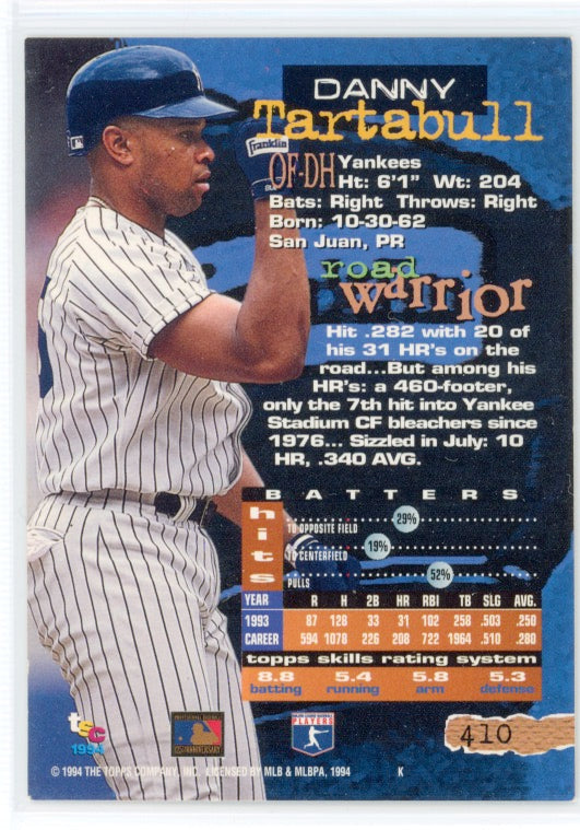 Tarjeta Danny Tartabull del Topps Stadium Club, edición del primer día n.° 410, 1994