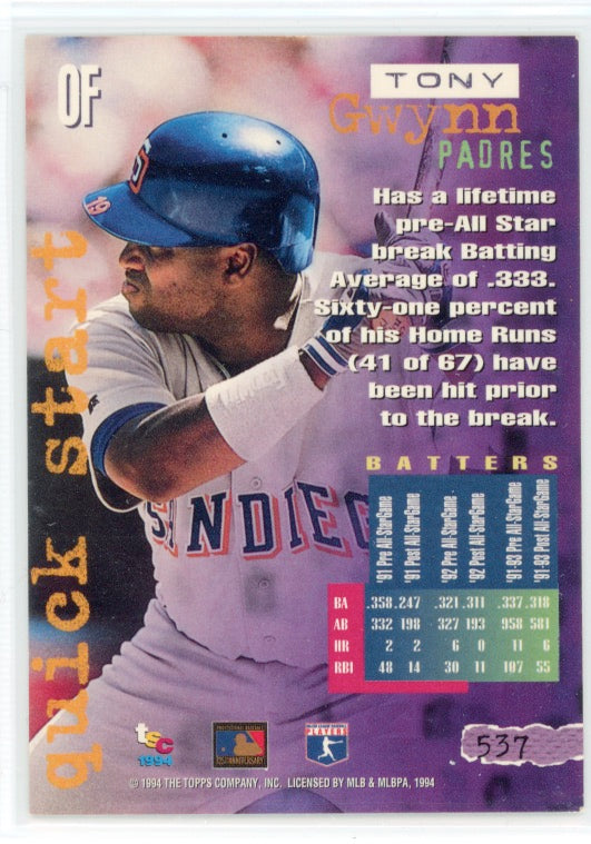 Tarjeta de inicio rápido n.° 537 de Tony Gwynn del Topps Stadium Club de 1994