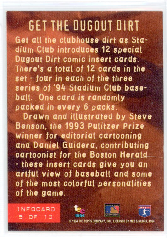 Tarjeta informativa de Mike Piazza Dogout Dirt del Topps Stadium Club de 1994