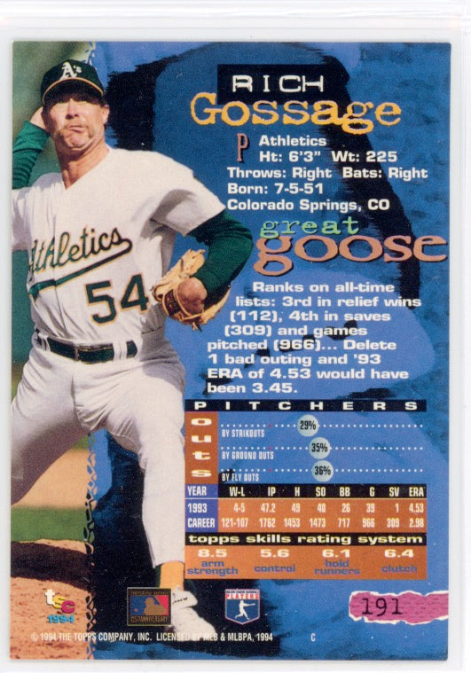 Tarjeta de Rich Gossage n.° 191 del Topps Stadium Club de 1994