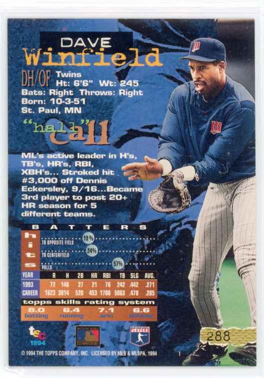 1994 Topps Stadium Club #288 Dave Winfield Card