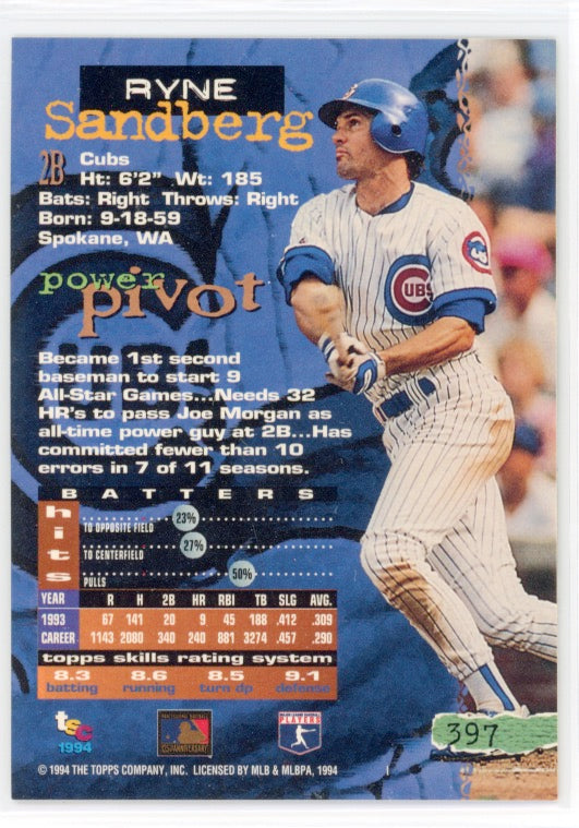 Tarjeta Ryne Sandberg n.° 397 del Topps Stadium Club de 1994