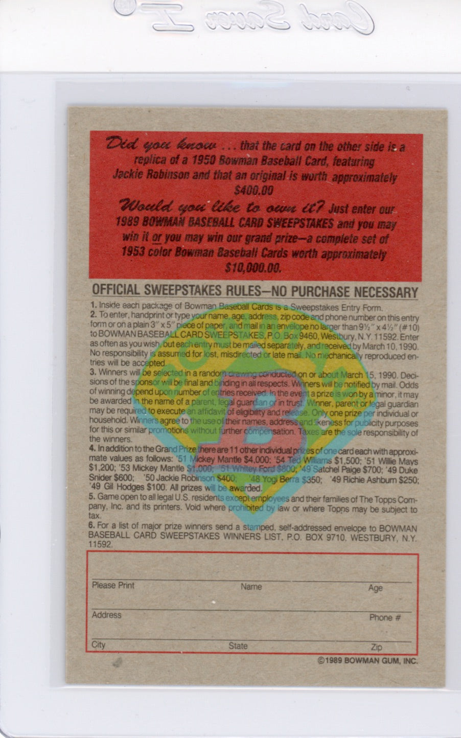 Tarjeta Bowman #426 de Barry Bonds de 1989
