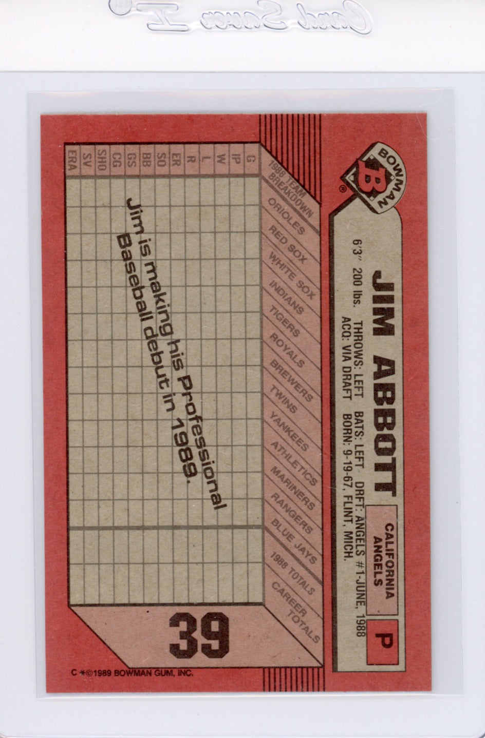Tarjeta Bowman #426 de Barry Bonds de 1989