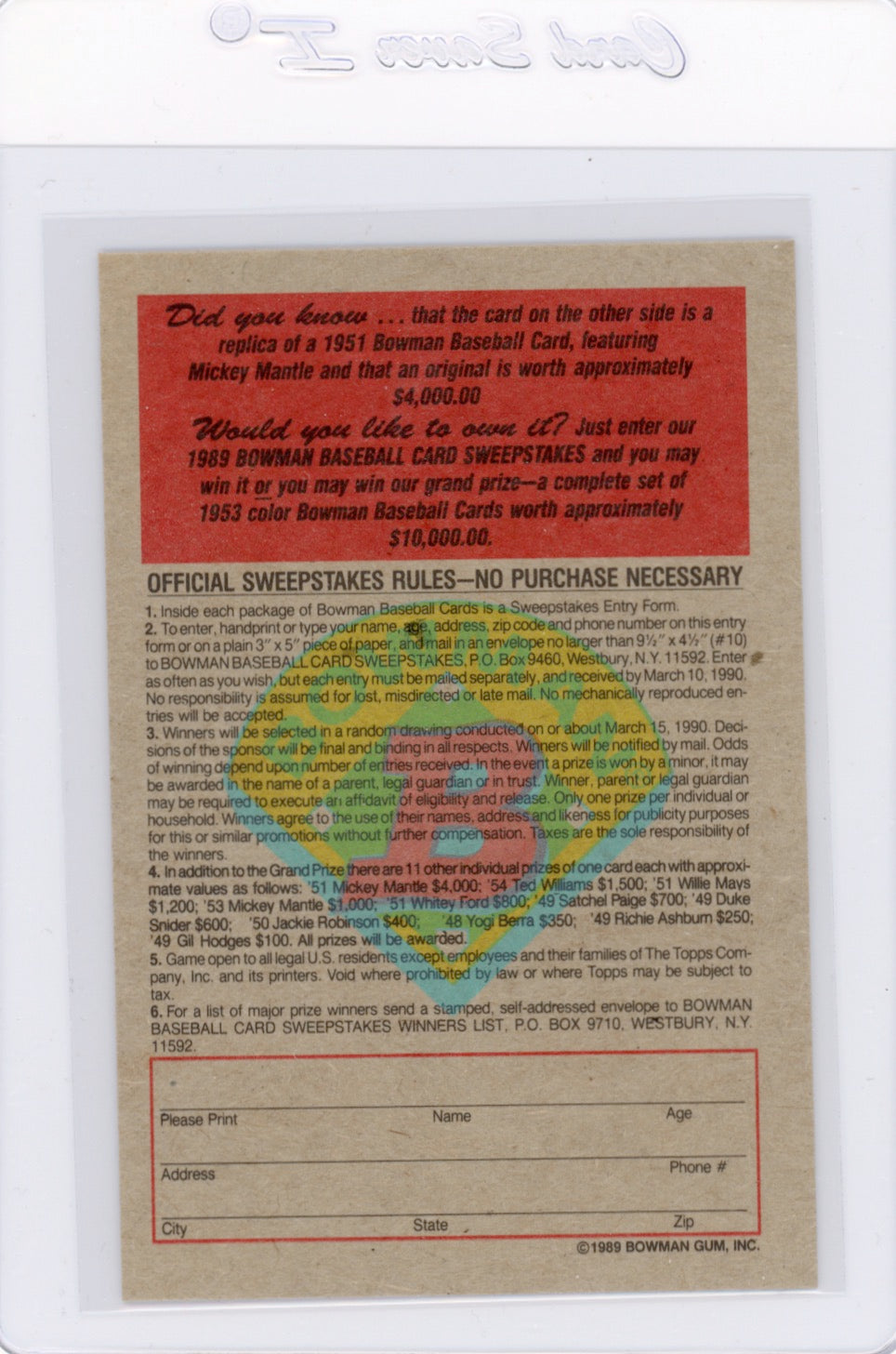 Tarjeta Bowman #426 de Barry Bonds de 1989