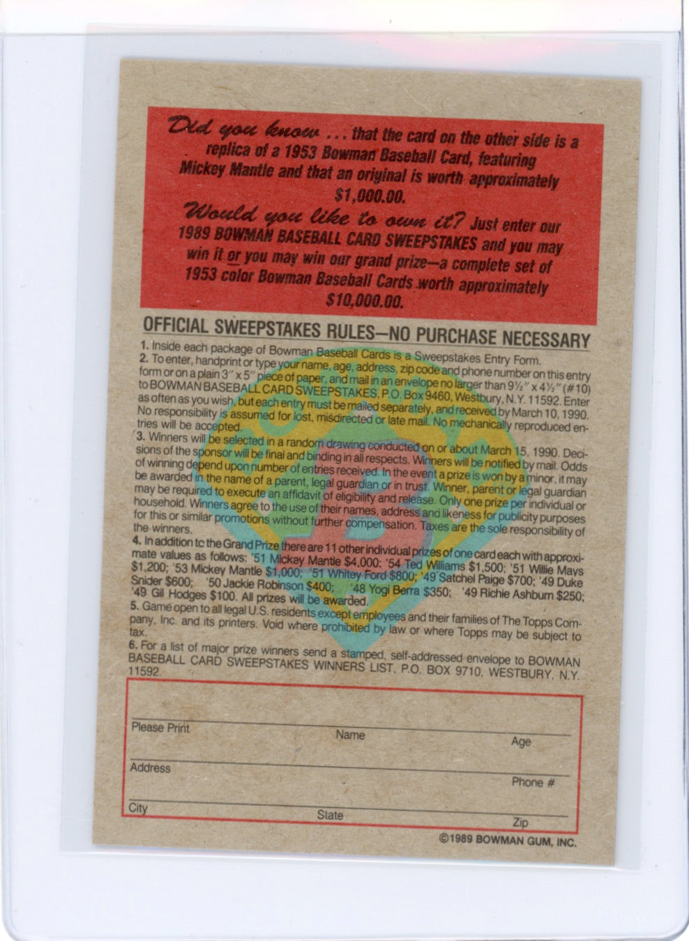 Tarjeta Bowman #426 de Barry Bonds de 1989