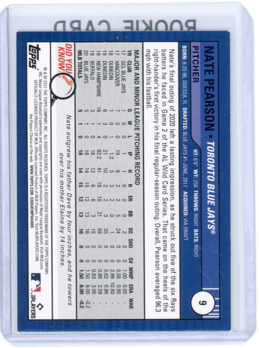 2021 Topps Big League #9 Nate Pearson Rookie (RC) Blue Jays Card