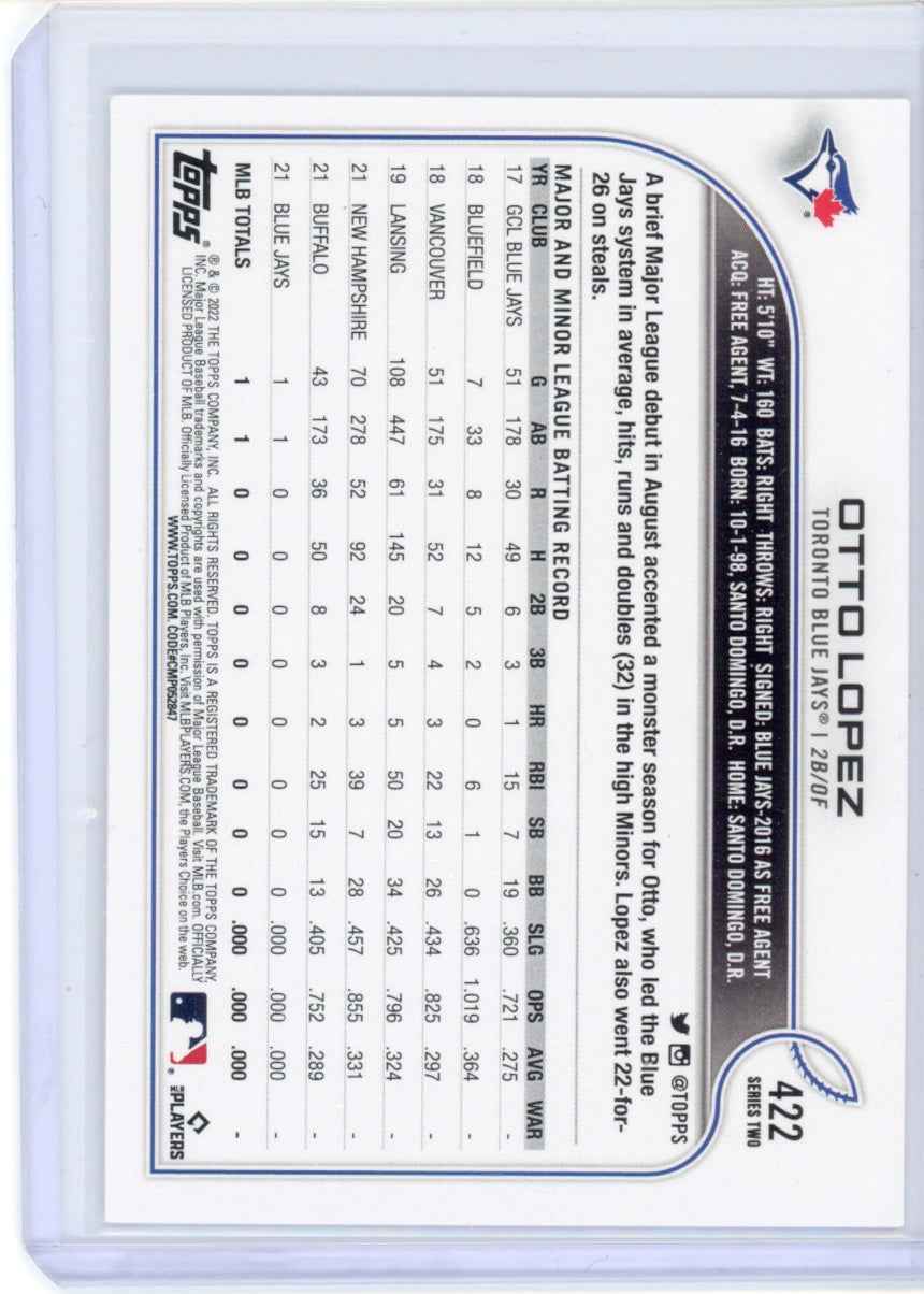 2022 Topps #422 Otto Lopez Rookie (RC) Blue Jays Card