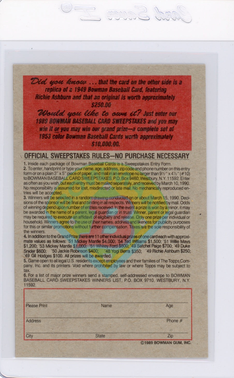 Tarjeta Bowman #426 de Barry Bonds de 1989