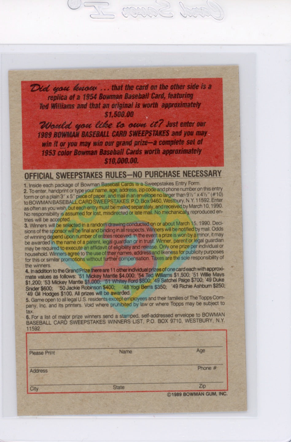 Tarjeta Bowman #426 de Barry Bonds de 1989