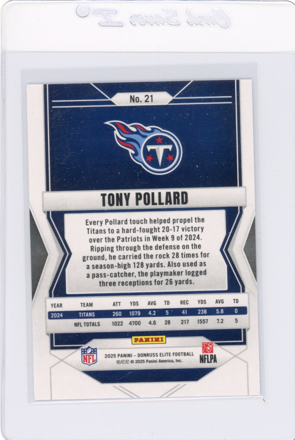 2025 Elite #21 Tony Pollard Tennessee Titans Card