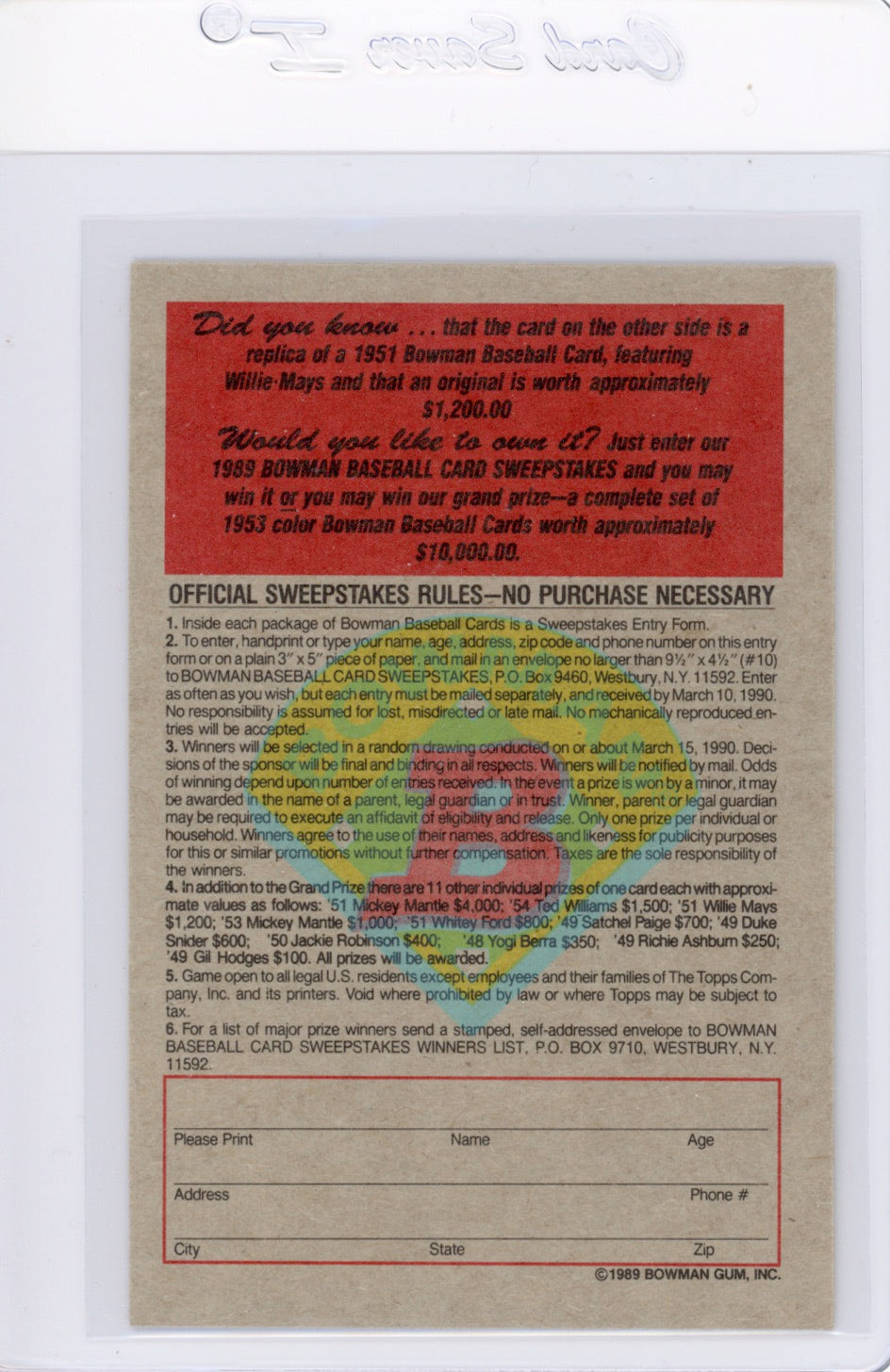 Tarjeta Bowman #426 de Barry Bonds de 1989