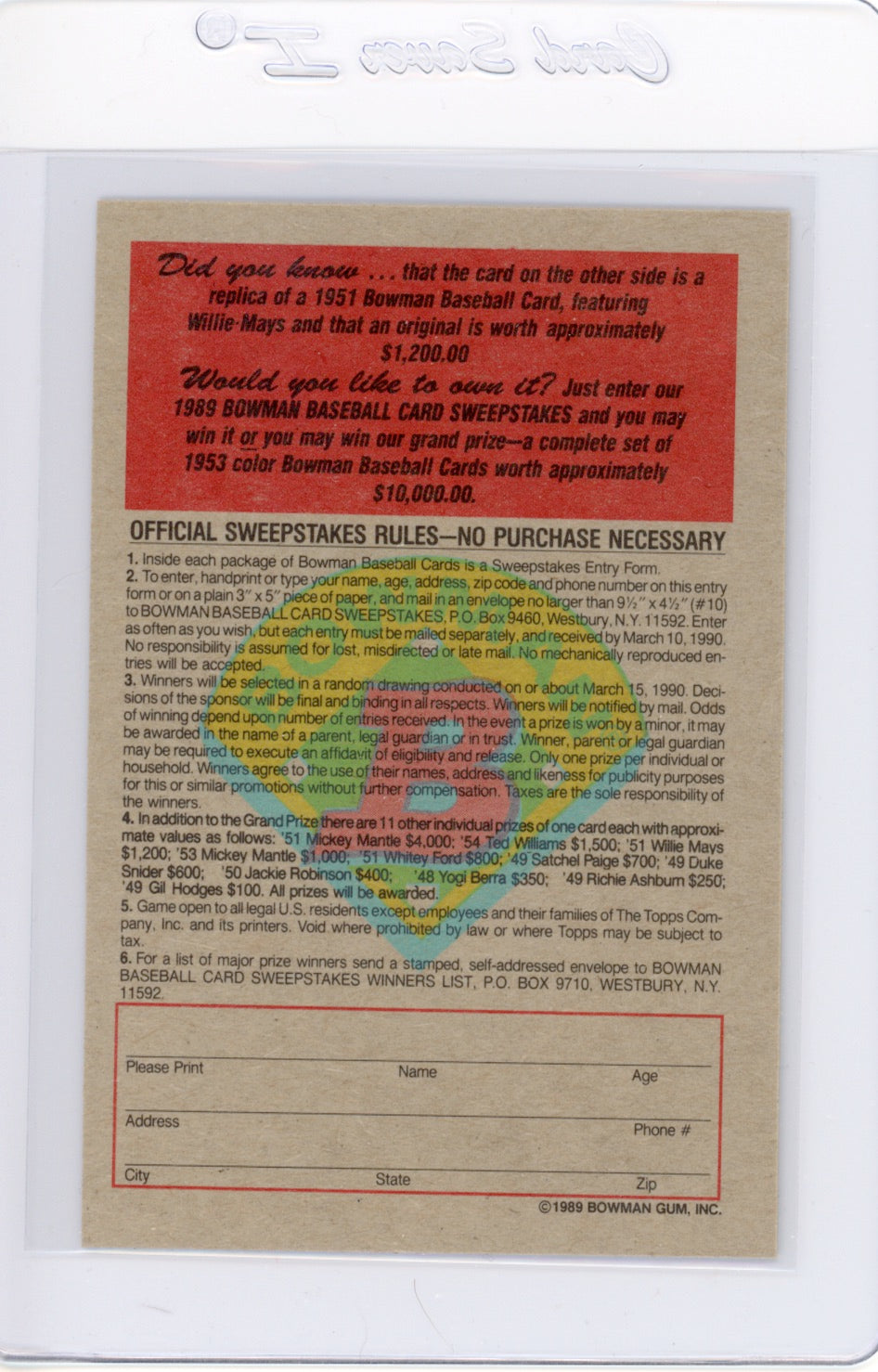 Tarjeta Bowman #426 de Barry Bonds de 1989