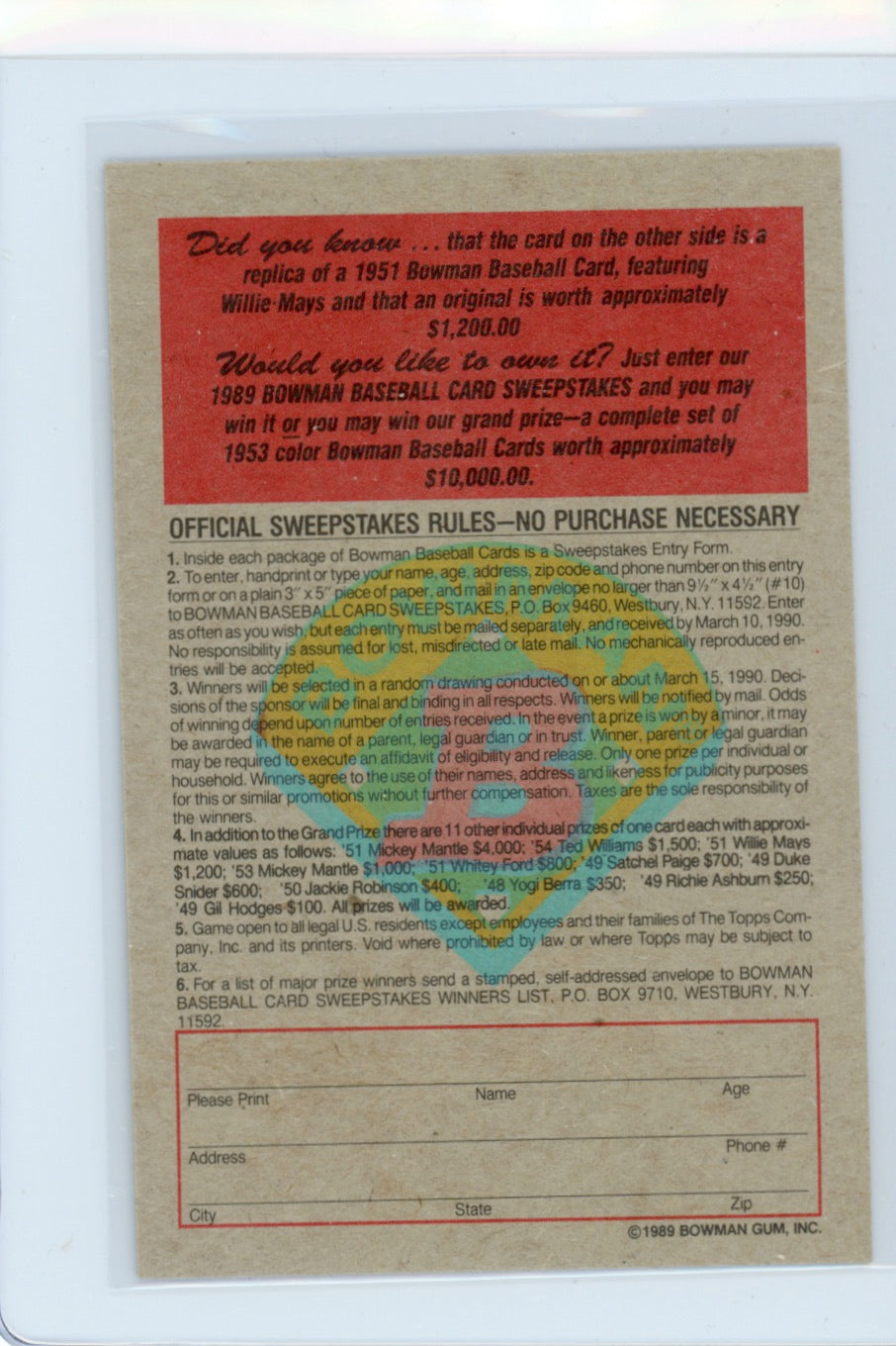 Tarjeta Bowman #426 de Barry Bonds de 1989