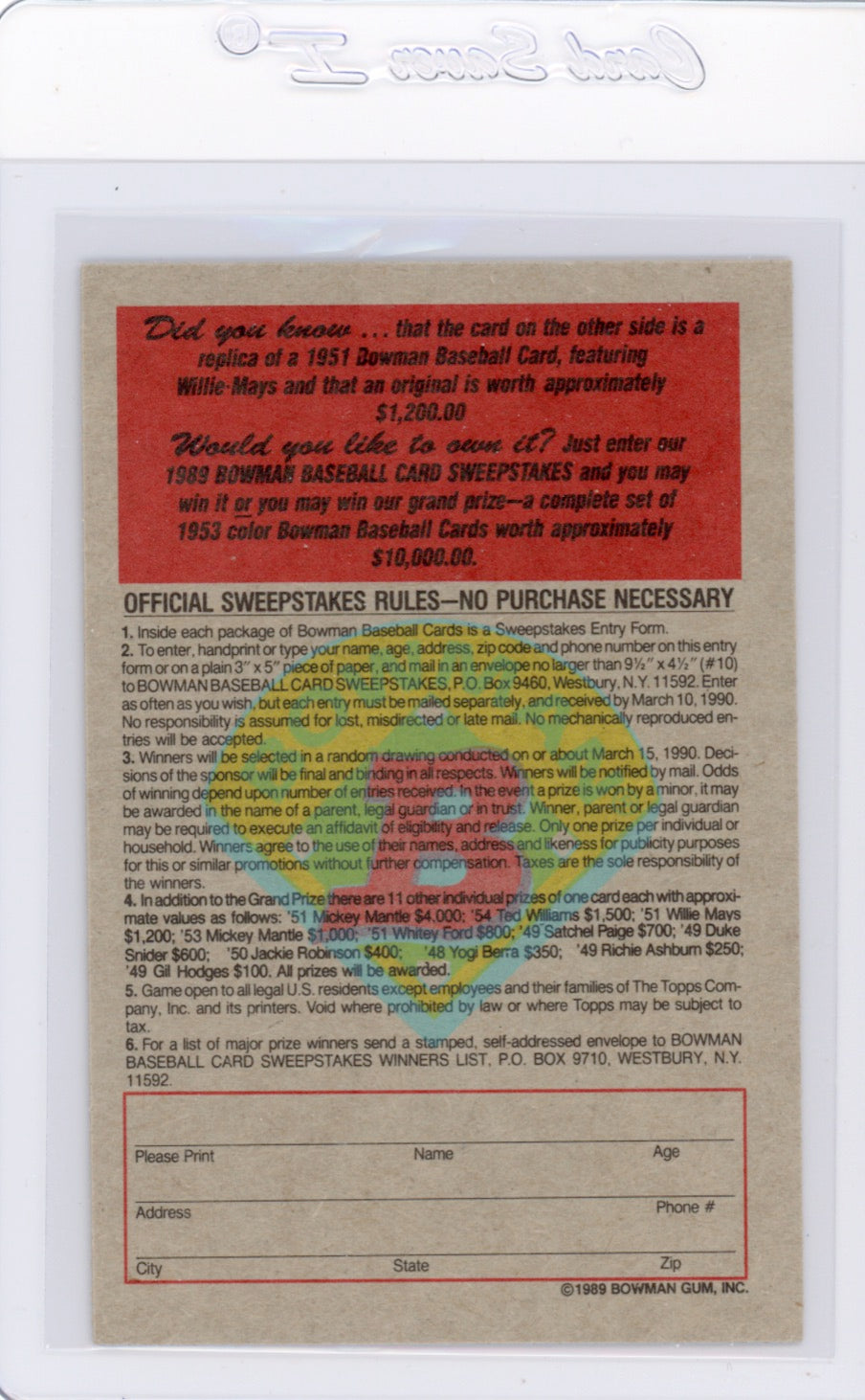 Tarjeta Bowman #426 de Barry Bonds de 1989