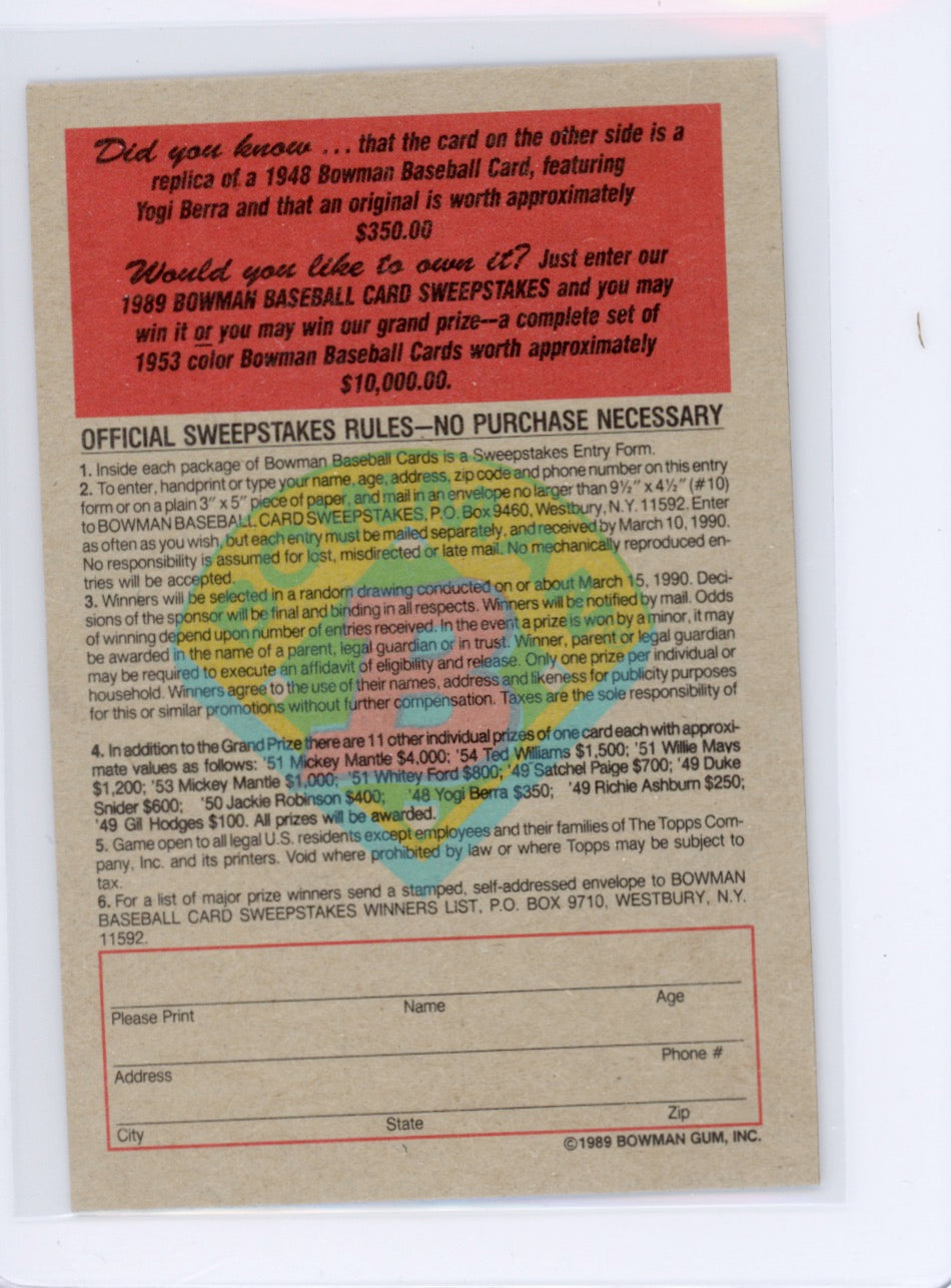 Tarjeta Bowman #426 de Barry Bonds de 1989