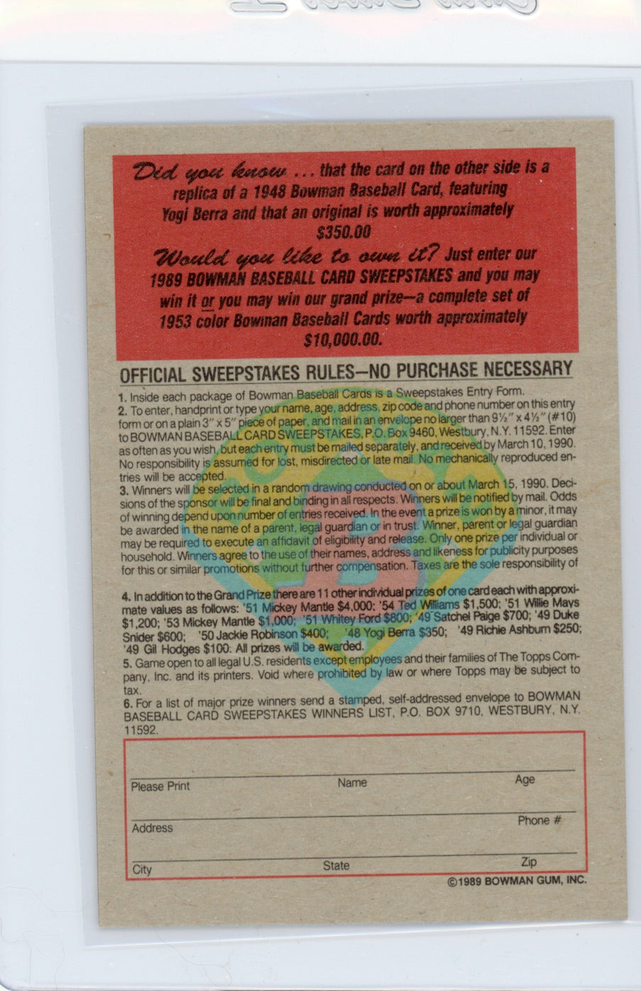Tarjeta Bowman #426 de Barry Bonds de 1989