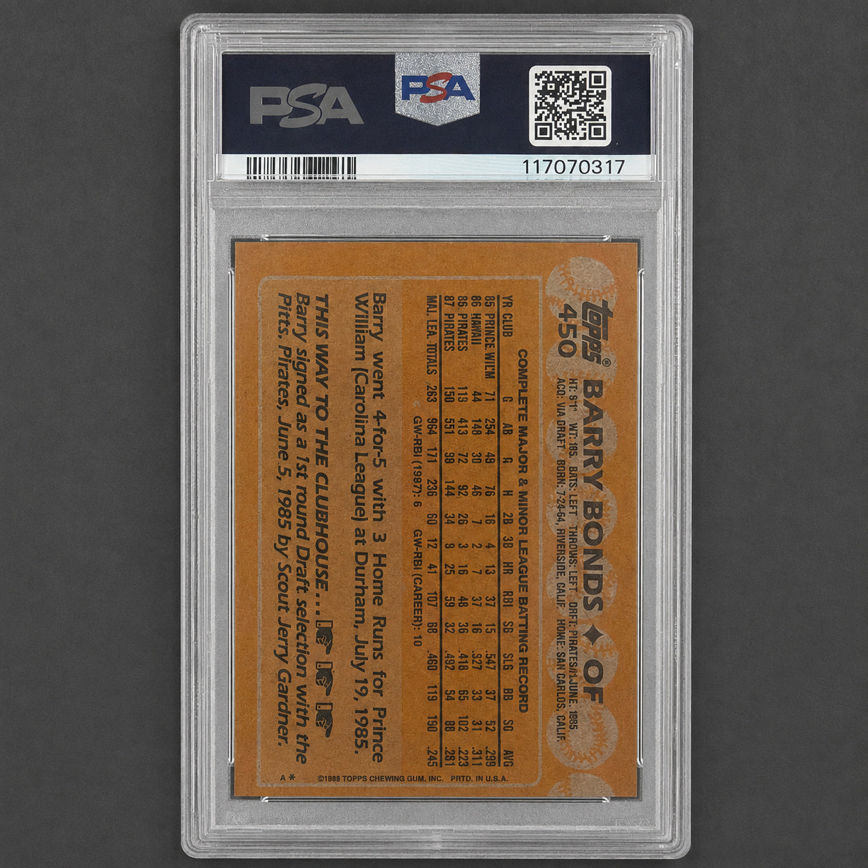 1988 Topps #450 Barry Bonds PSA 8 card back