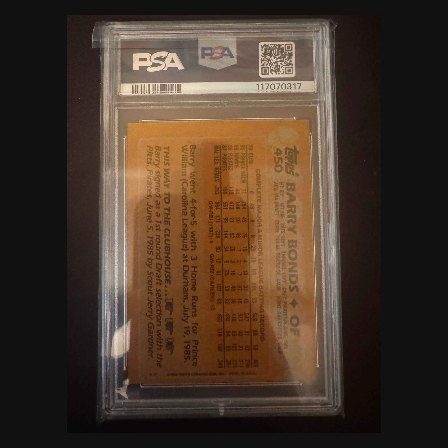 1988 Topps Barry Bonds PSA 8 card back