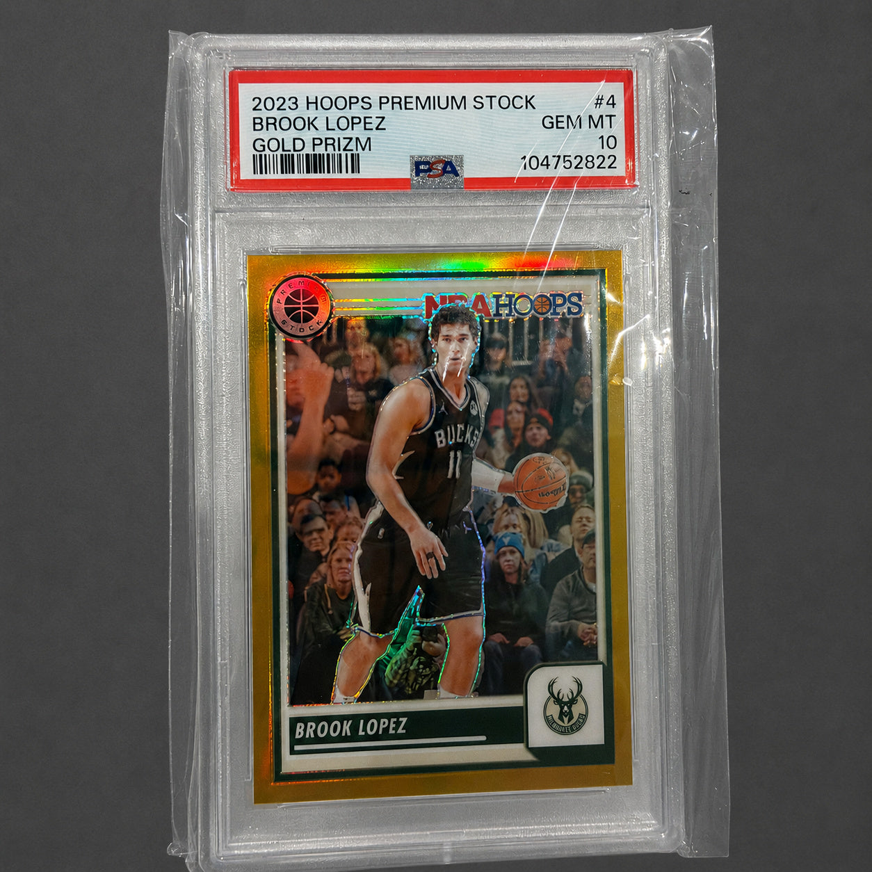 2023-24 Hoops Premium Stock Brook Lopez Gold Prizm 01/10 PSA 10 card front