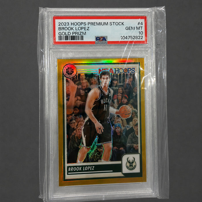 2023 Panini NBA Hoops Premium Stock #4 Brook Lopez PSA 10 01/10 Gold Prizm Milwaukee Bucks Card