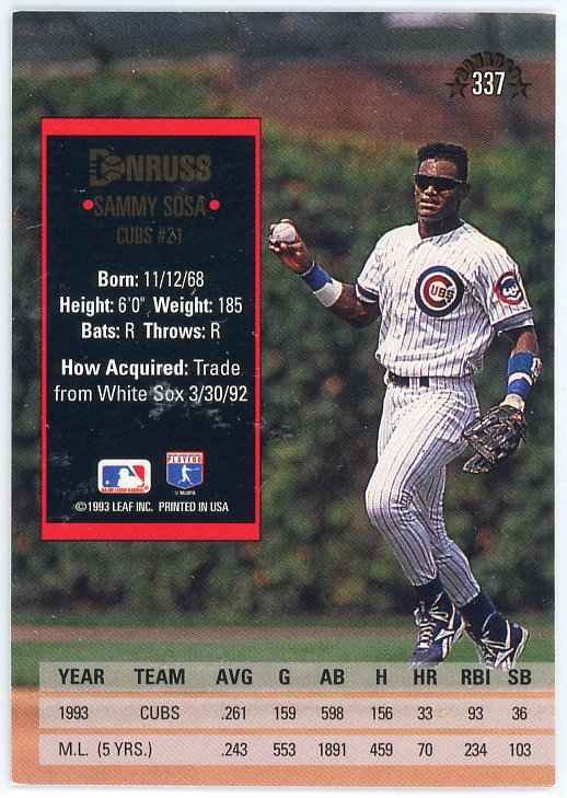 1994 Donruss #337 Sammy Sosa Card
