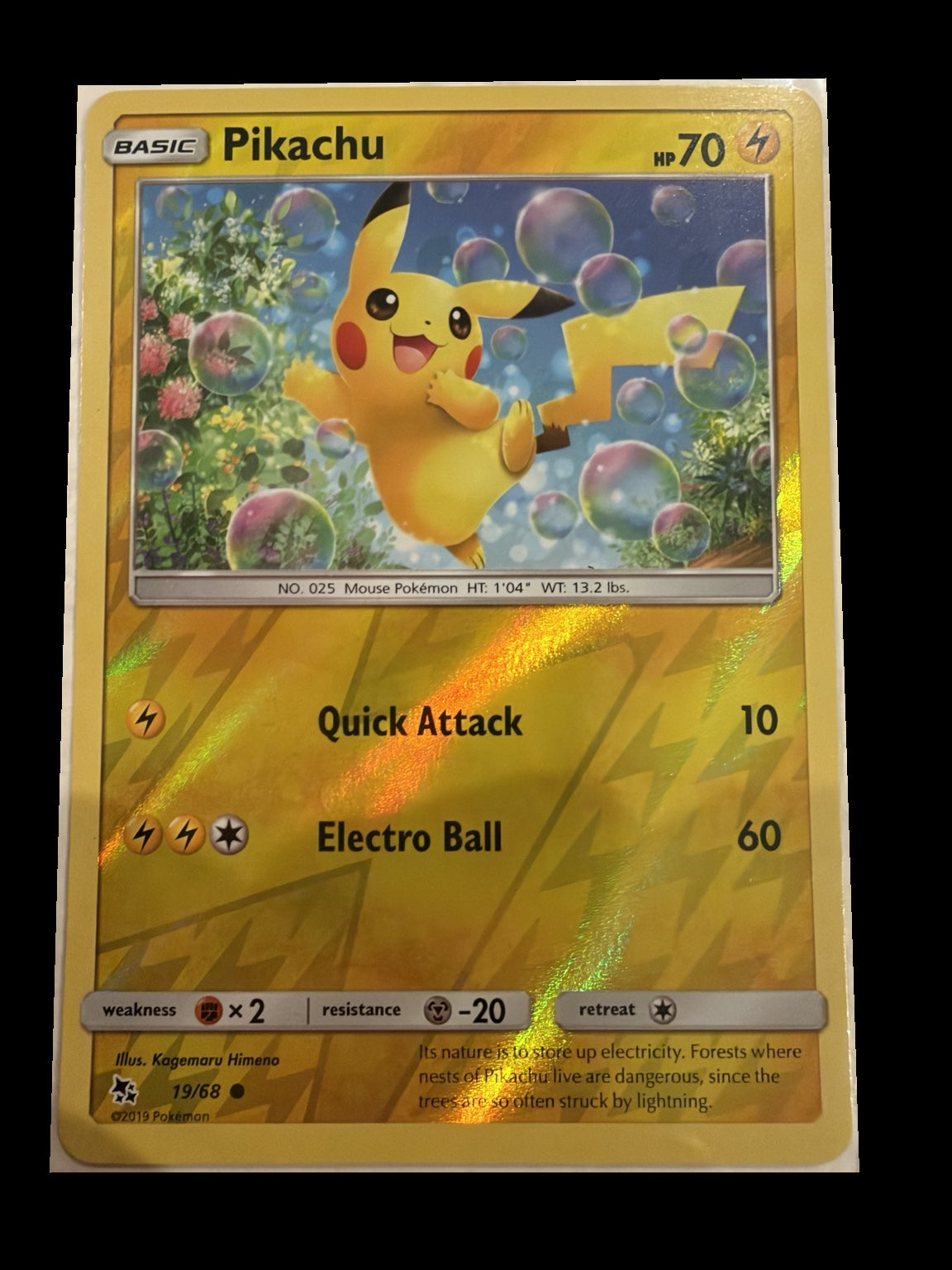 Pikachu 19/68 Hidden Fates Reverse Holo front — actual card