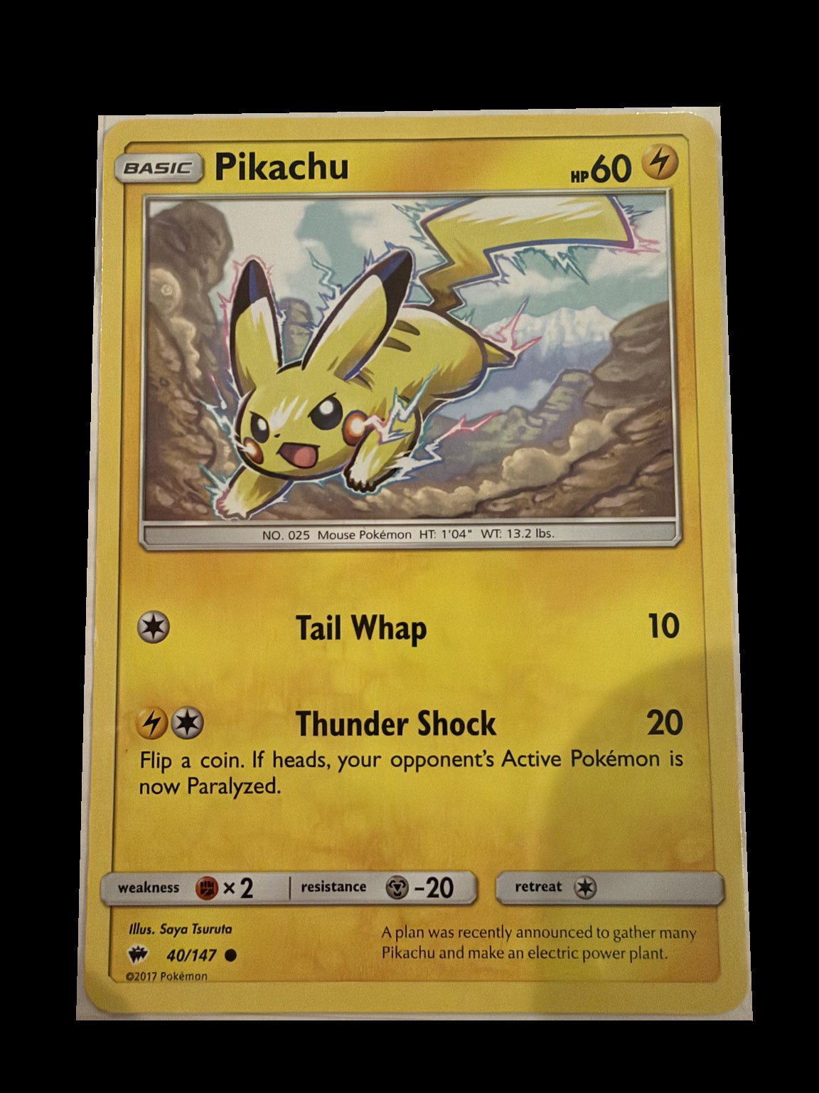 Pikachu 40/147 Burning Shadows Non-Holo front — actual card