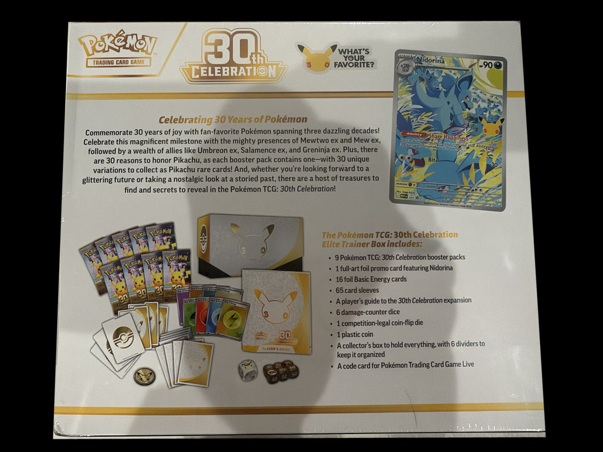 Back of factory-sealed 30th Celebration Elite Trainer Box showing contents