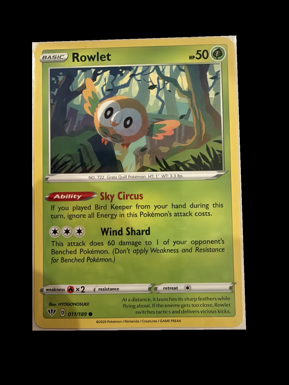 Rowlet 011/189 Darkness Ablaze Non-Holo front — actual card