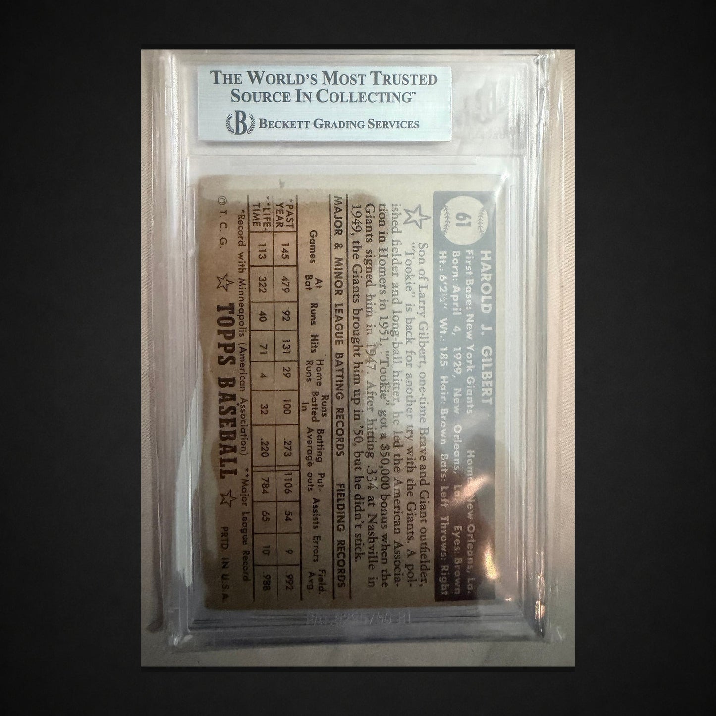 1952 Topps Tookie Gilbert BGS 3.5 card back